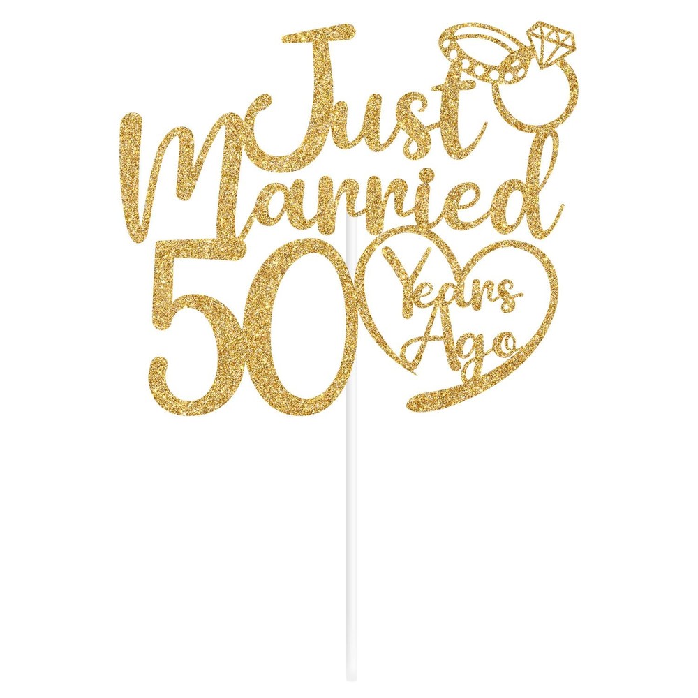 Just Married 50 Years Ago Cake Topper, 50th 5.9″ x 4.8″, Gold Glitter