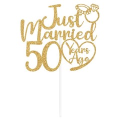 Just Married 50 Years Ago Cake Topper, 50th 5.9″ x 4.8″, Gold Glitter