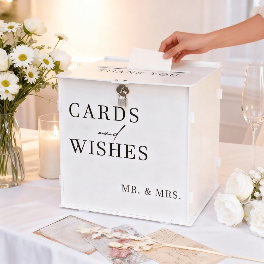 White Acrylic Wedding Card Box with Lock Large DIY Card Holder for Reception