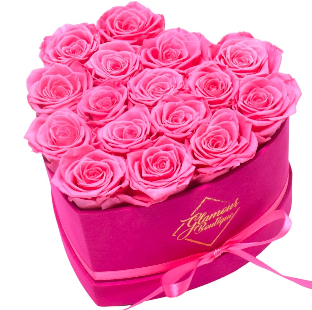 GLAMOUR BOUTIQUE 16 Flower Forever Heart Shape 16 Roses, Velvet Pink 16 Roses