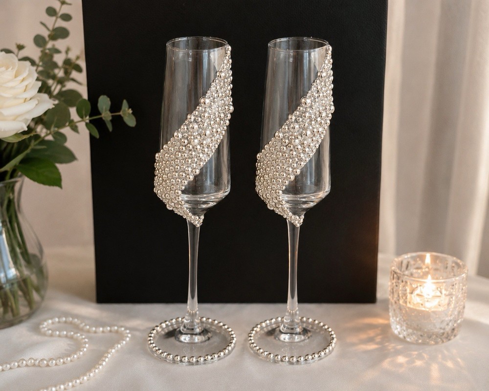 Ivory Pearl Champagne Glasses Set of 2 Handmade Wedding Couple Gift
