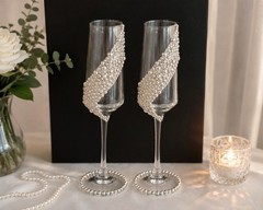 Ivory Pearl Champagne Glasses Set of 2 Handmade Wedding Couple Gift