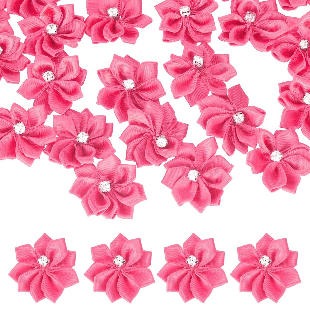 100 Pcs Ribbon Flowers, 1.2 in Fabric Flowers with Rhinestones, Peach Red