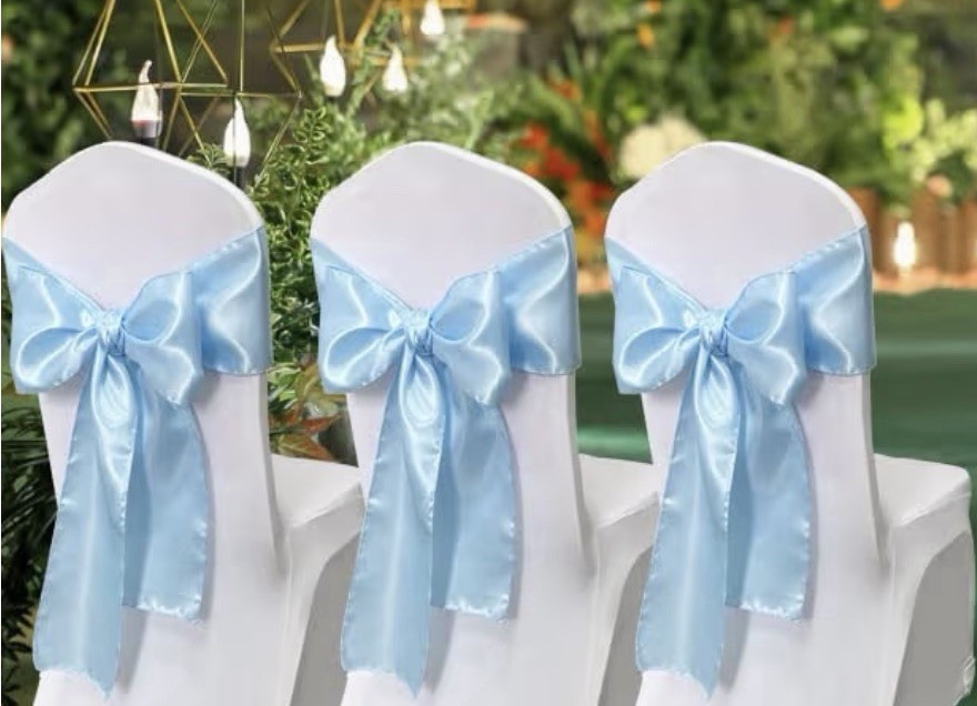 12 Blue Satin Chair Sash with Bow, Solid Plain, Reusable Wedding Decoration
