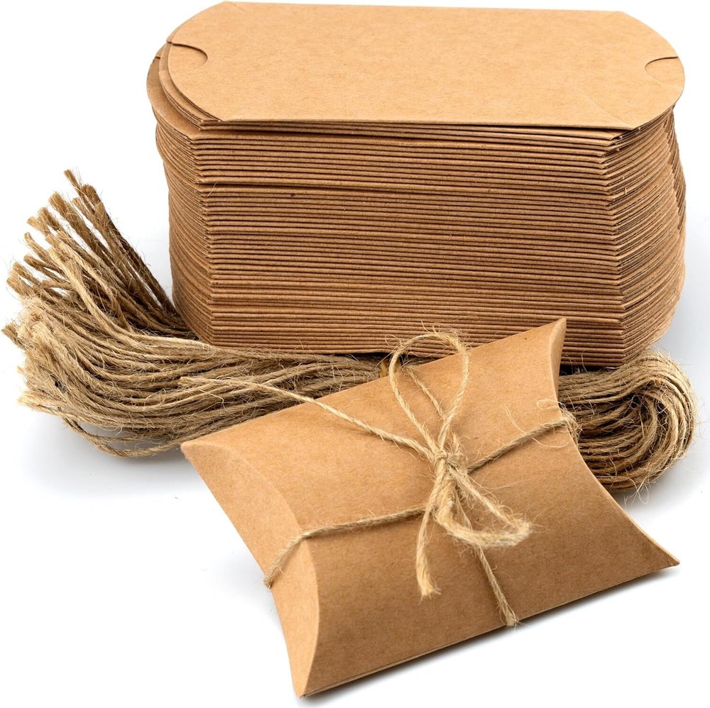 50Pcs Small Kraft Paper Pillow Gift Boxes w/ Twine for Jewelry Candy Party Favor