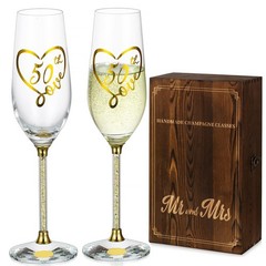NUPTIO 50th Anniversary Champagne Flutes: Set of 2 Gold Crystal Toasting Glas…