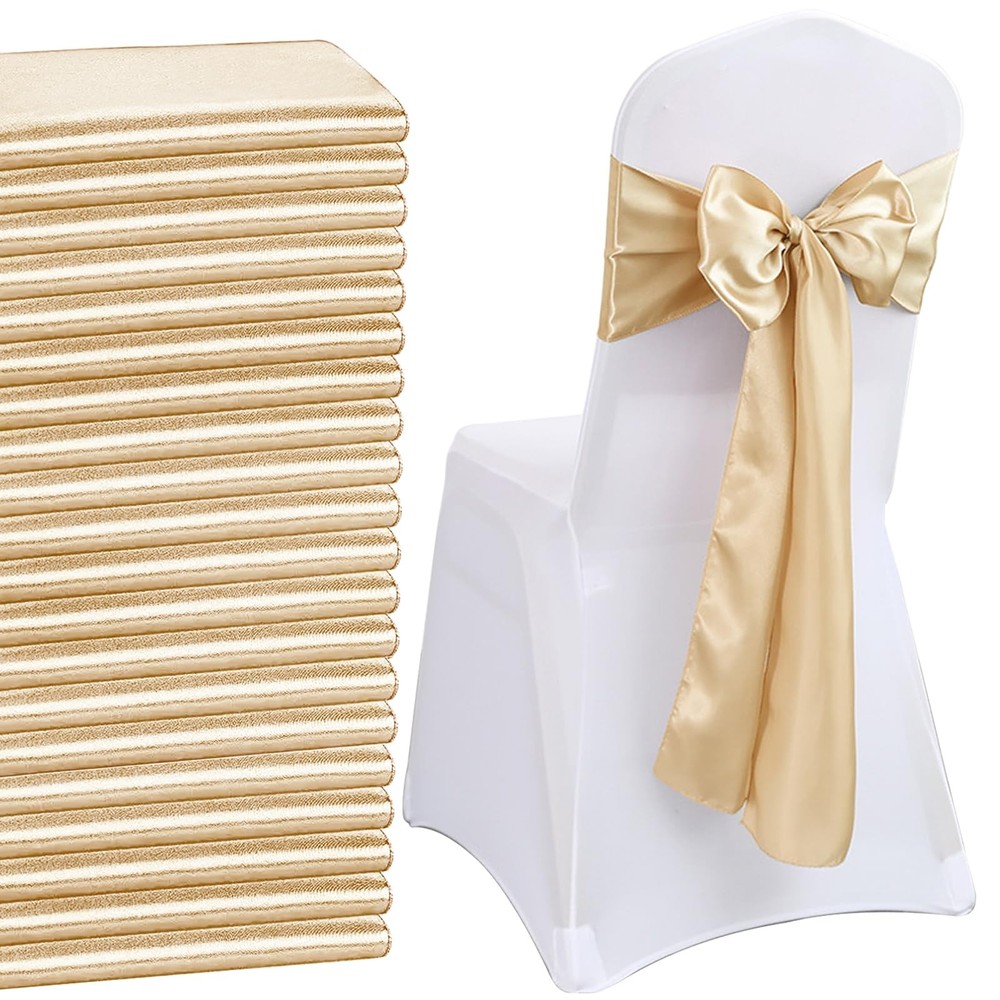 50pcs Beige Satin Sash Wedding Chair Bow, Elastic Chair Sashes S…