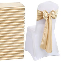 50pcs Beige Satin Sash Wedding Chair Bow, Elastic Chair Sashes S…