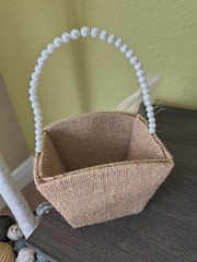 JUTE FLORAL BASKET Flower Girl Wedding Faux Pearl Handle Lace Feather EUC