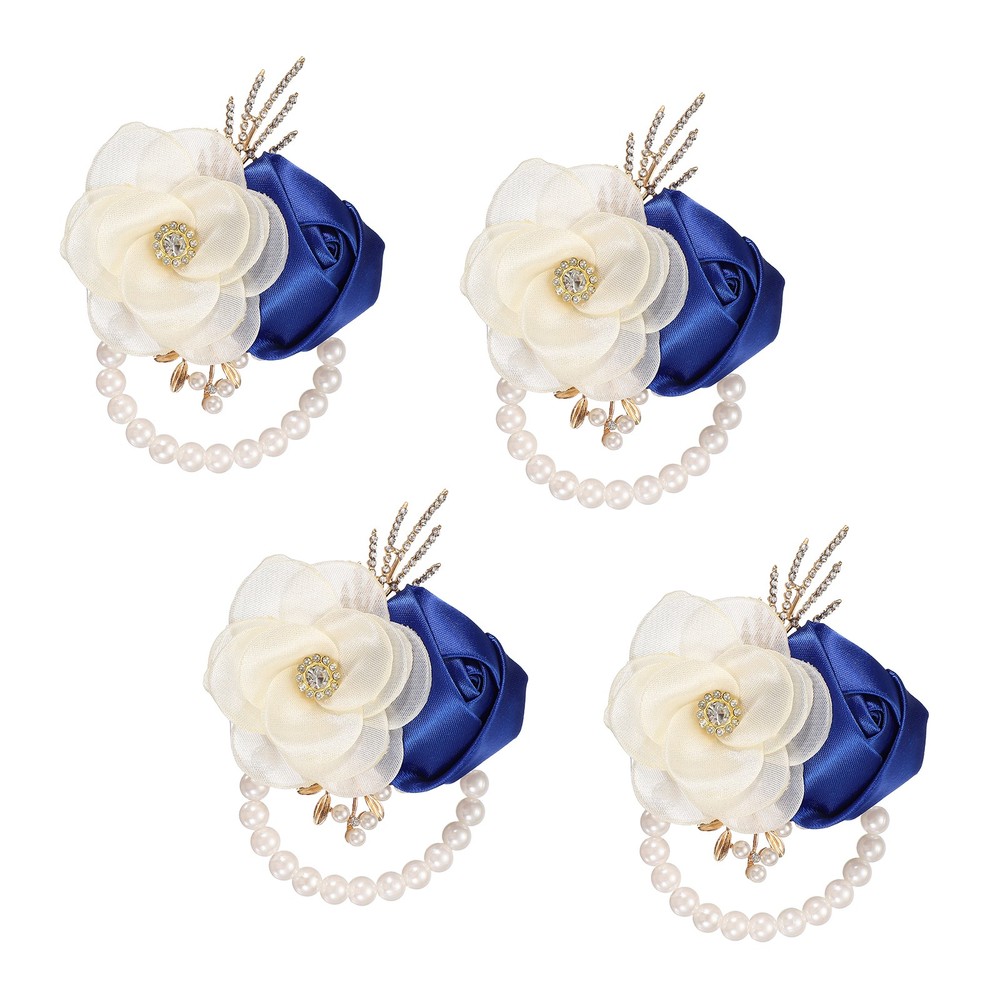Rose Wrist Corsage, 4Pcs Wrist Corsage Bracelets Flower Wristlet, Sapphire Blue