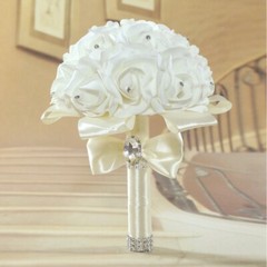 Bride Bouquet Artificial Flowers Wedding Bridal Holding White Ribbon Rhinestones