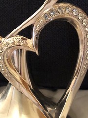 Double HEART Silver Metal with Rhinestones Cake Topper