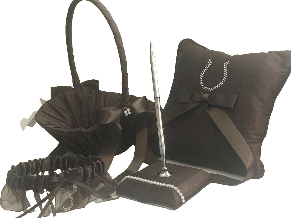 Brown Satin Western Wedding, Crystal Horseshoe Accessory 4 Piece Set