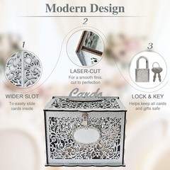 Silver Wedding Card Box with Lock, Wooden Gift Card Box for wedding decoratio…