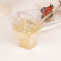 24 Clear 2 oz Gold Glittered Square Plastic Dessert Cups Spoons Set Party Events