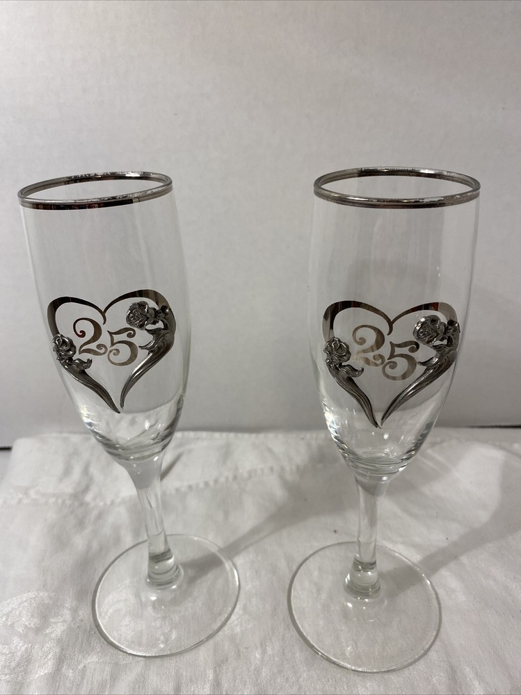 2 Vintage Rawcliffe Toasting Flute Glasses Pewter 25 Year Anniversary