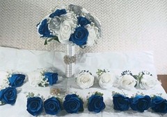 10″ Wide Bridal Bush Bouquet & 14 Corsages – 3 Double Rose Wrist 11 Chest – NEW