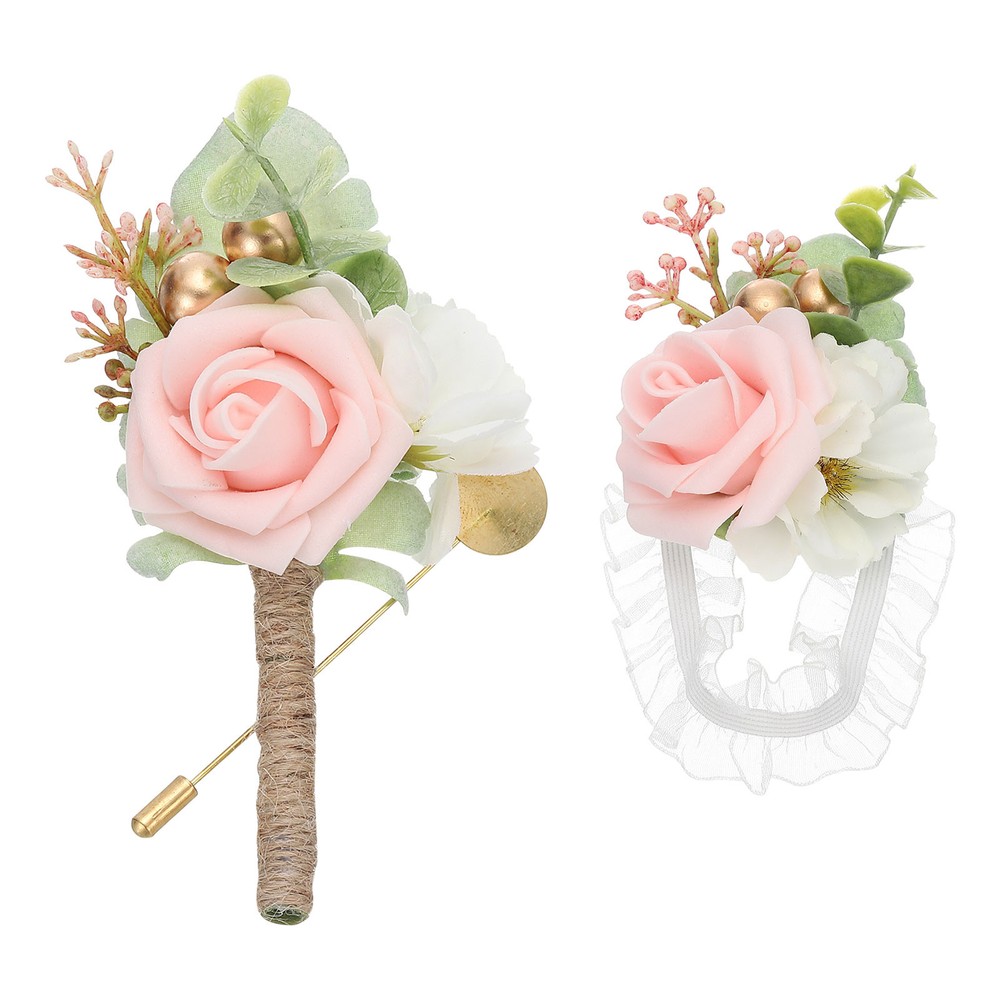 Artificial Rose Flower Wrist Corsage Boutonnieres with Pin Set Light Pink