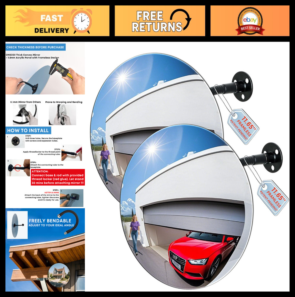 Frameless 11.65″ Acrylic Convex Mirror – Adjustable Wide Angle Indoor Security,