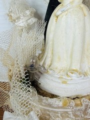 VTG BRIDE GROOM 1950s WEDDING CAKE TOPPER White Lace Bell MCM Light Marriage