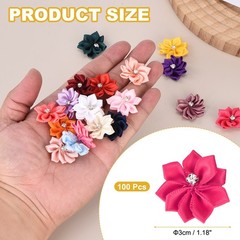 100Pcs Ribbon Flowers 1.2″ Fabric Flowers with Rhinestones Rose Red,