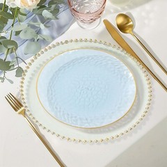 TRANSPARENT DUSTY BLUE 10 Glossy 10″ Round Plastic Salad PLATES GOLD Rim Party