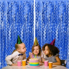 2 Pack Navy Blue Wavy Foil Fringe Curtains, 3.3×6.6 Ft Metallic Tinsel Wavy B…