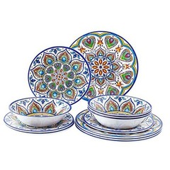 Melamine Dinnerware Set – 12 Pcs Dishware DurableOutdoor Plastic Plates Bowls
