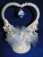 New White Pearl & blue bead Heart with tulle & white floral Wedding CakeTop 416