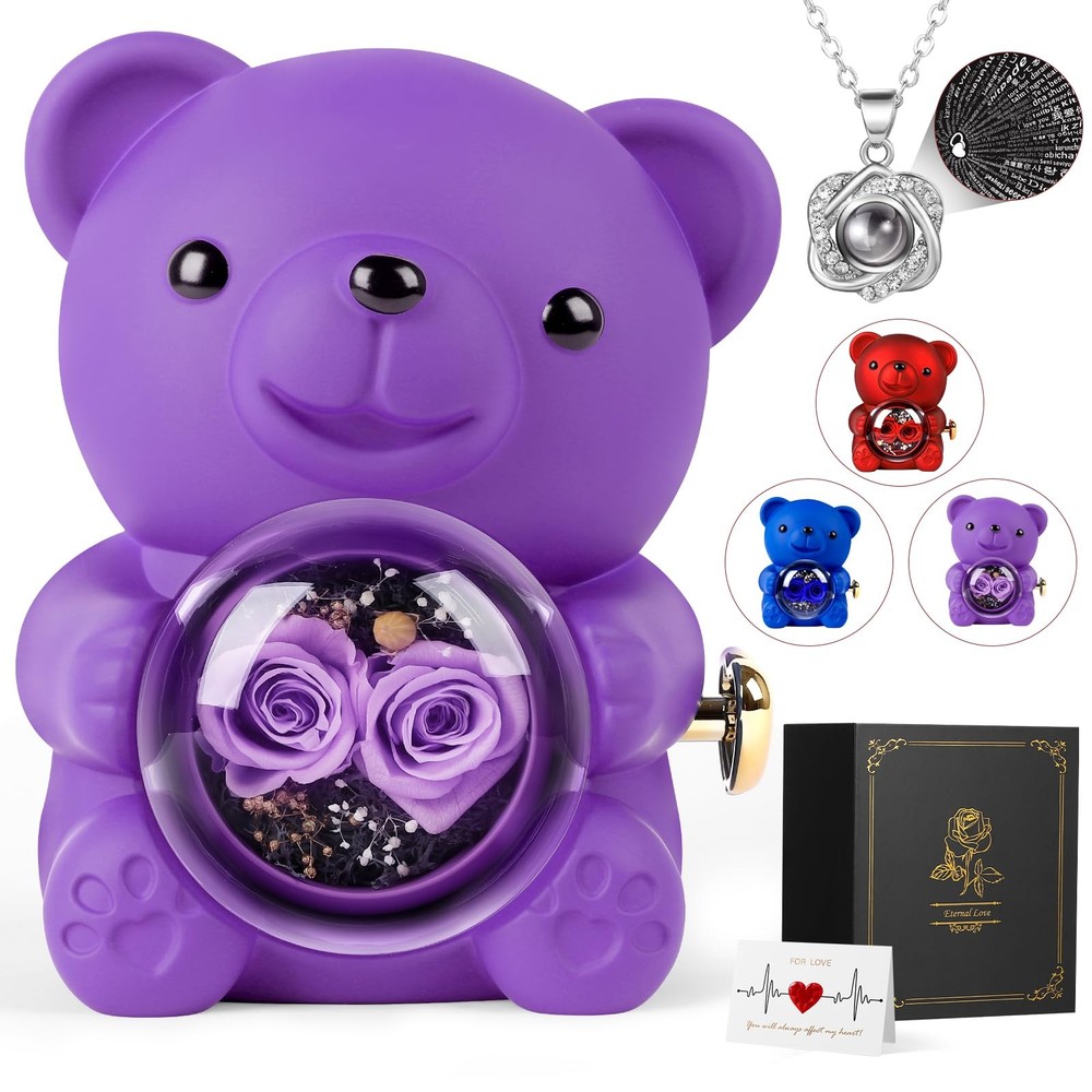 FuBegi Romantic Rose Bear Teddy with Preserved for Mother’s Day, Purple