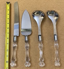 Vtg Clear Facet Lucite Handle Stainless Cake Knife Server Fork & Spoon 4pc Set