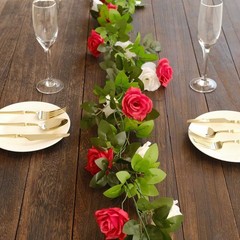 2 RED IVORY 7 ft long Silk Rose Wedding Garland Leaves Bendable Wire Vines Home