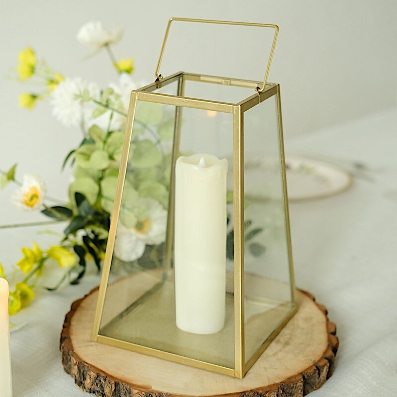 Gold Clear 10 in Glass Geometric Metal Lantern CANDLE HODLER Party Decorations