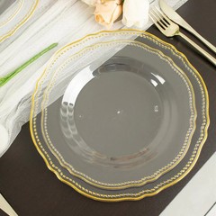 CLEAR 10 Round 9″ Plastic DINNER PLATES Gold Scalloped Rim Party Decorations