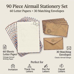90 Pack Airmail Stationery Paper Set, Vintage 6.9 x 9.25 inches, Off White