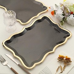 BLACK 10 Rectangle 14″ Paper SERVING TRAYS Scroll Design Gold Rim Party Events