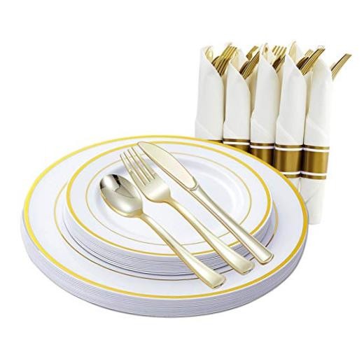 Gold Plastic Plates and Disposable Silverware w/Per-Rolled Napkins,Home