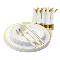 Gold Plastic Plates and Disposable Silverware w/Per-Rolled Napkins,Home