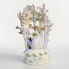 Vintage Wedding Cake Topper Religious Christian Cross Floral Bride Groom
