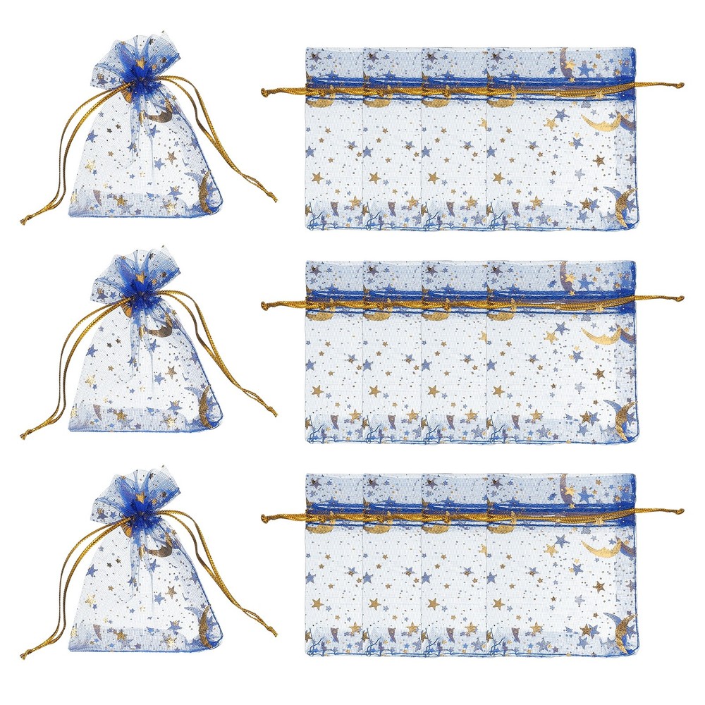 Organza Bags, 100 Pcs 2.8 x 3.5 Inch Moon Star Mesh Pouch, Sapphire Blue Gold
