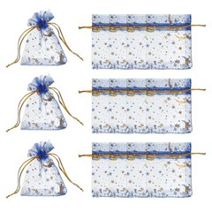 Organza Bags, 100 Pcs 2.8 x 3.5 Inch Moon Star Mesh Pouch, Sapphire Blue Gold