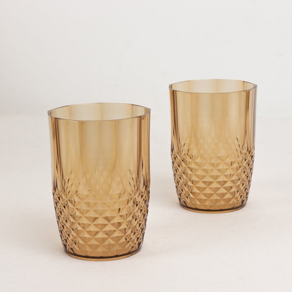 6 AMBER GOLD 16 oz Crystal Cut Plastic DRINKING GLASSES Party Events Home