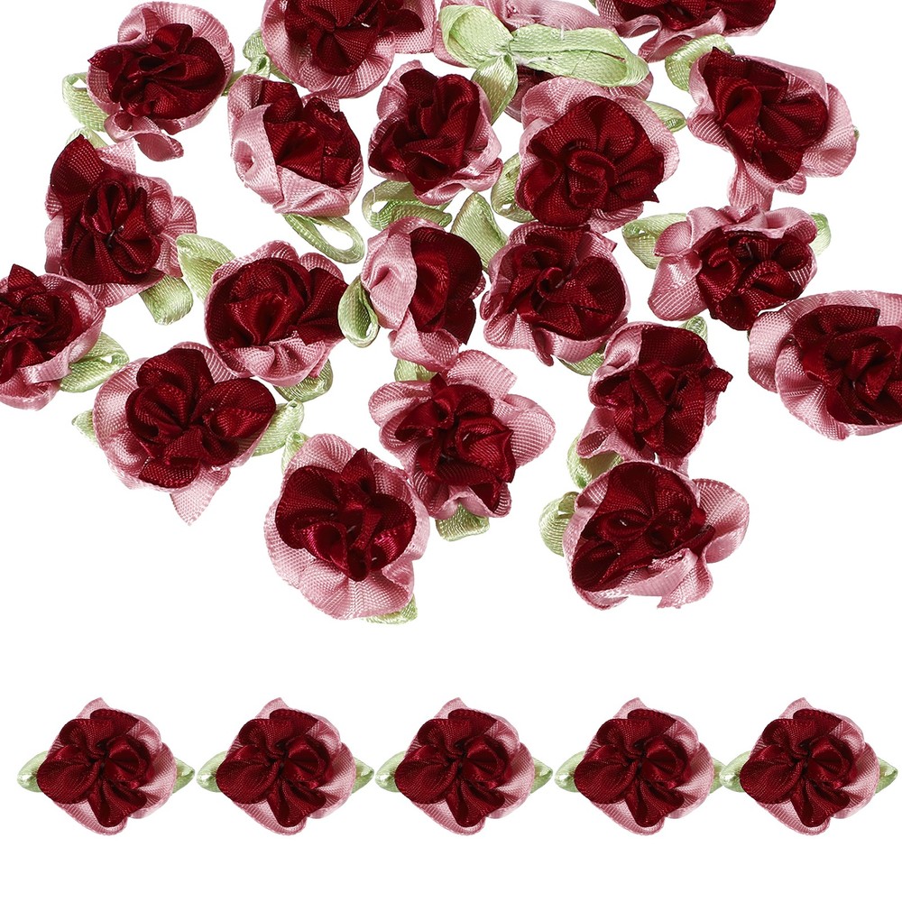 20 Pcs Ribbon Flowers, 1.2 in Fabric Flowers Satin Ribbon, Pink/Burgundy