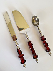 Wedding Cake Server Set & Ice Cream Scoop w/ Red Glass Bead Handles India VG