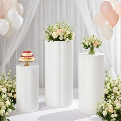 3Pcs Cylinder Pedestal Stands Metal Fluted Dessert Display Pillars for Wedding