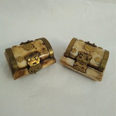 Vintage Wedding Ring Box Pair Carved Bovine Ox Bone Brass Trinket Chest Set 2pc