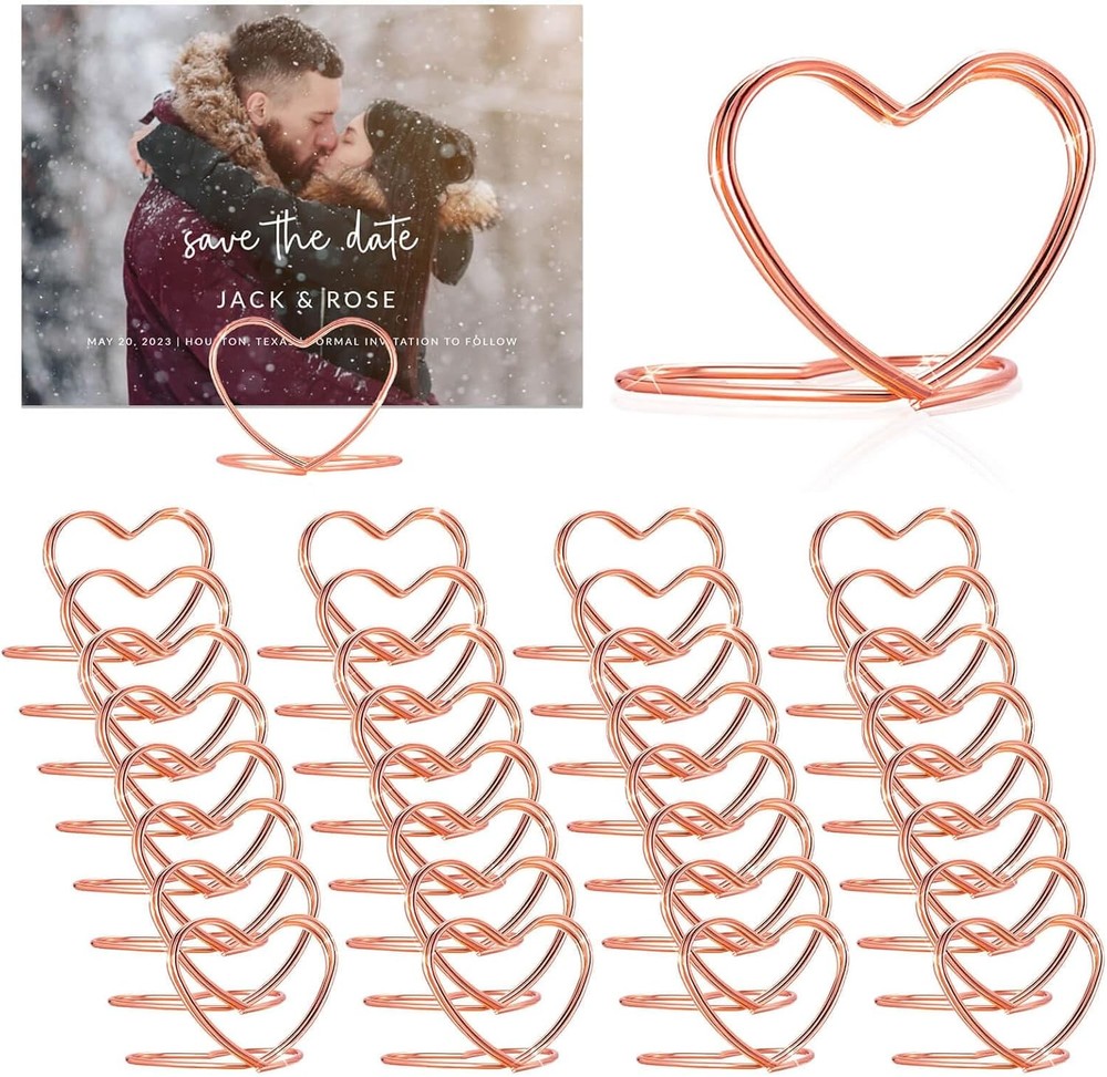 Gold Table Number Place Card Holders 32 PCS, Heart Shape Photo Card Stand