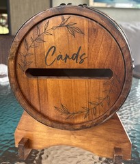 Wedding Card Wood Barrel Gift Card Box On Wooden Stand, Slotted Lid 11″