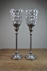 Silver Tone Crystal Stem Jeweled Votives Chalice Candleholders Set Of 2 Beads