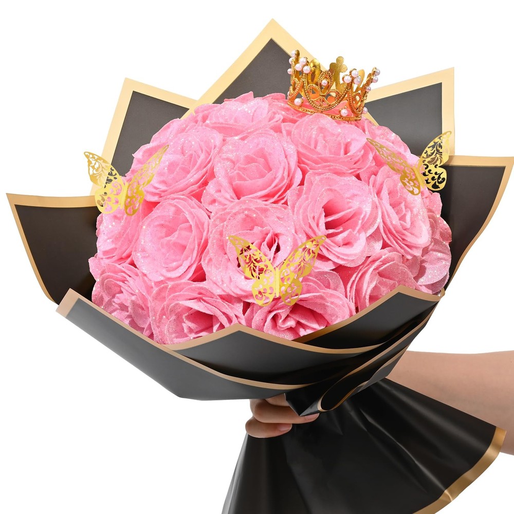Waipfaru Pink Glitter Roses Bouquet, DIY Fake Flowers 24pcs,